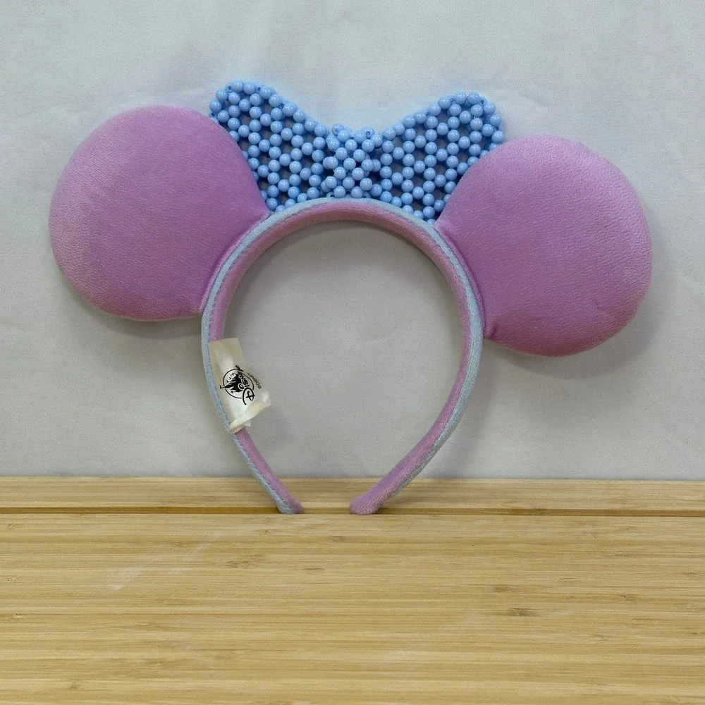 Disney Parks Pink with Mickey Icons Blue Beaded Bow Minnie Mouse Ears Headband